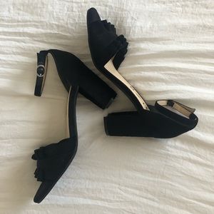 Black velvet, ankle strap, peep toe heels. Size 6